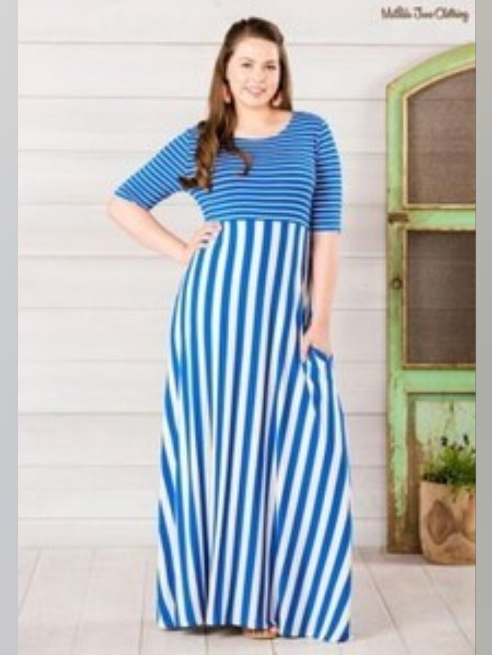 Matilda Jane Blue & White Striped Maxi Dress, sz Medium